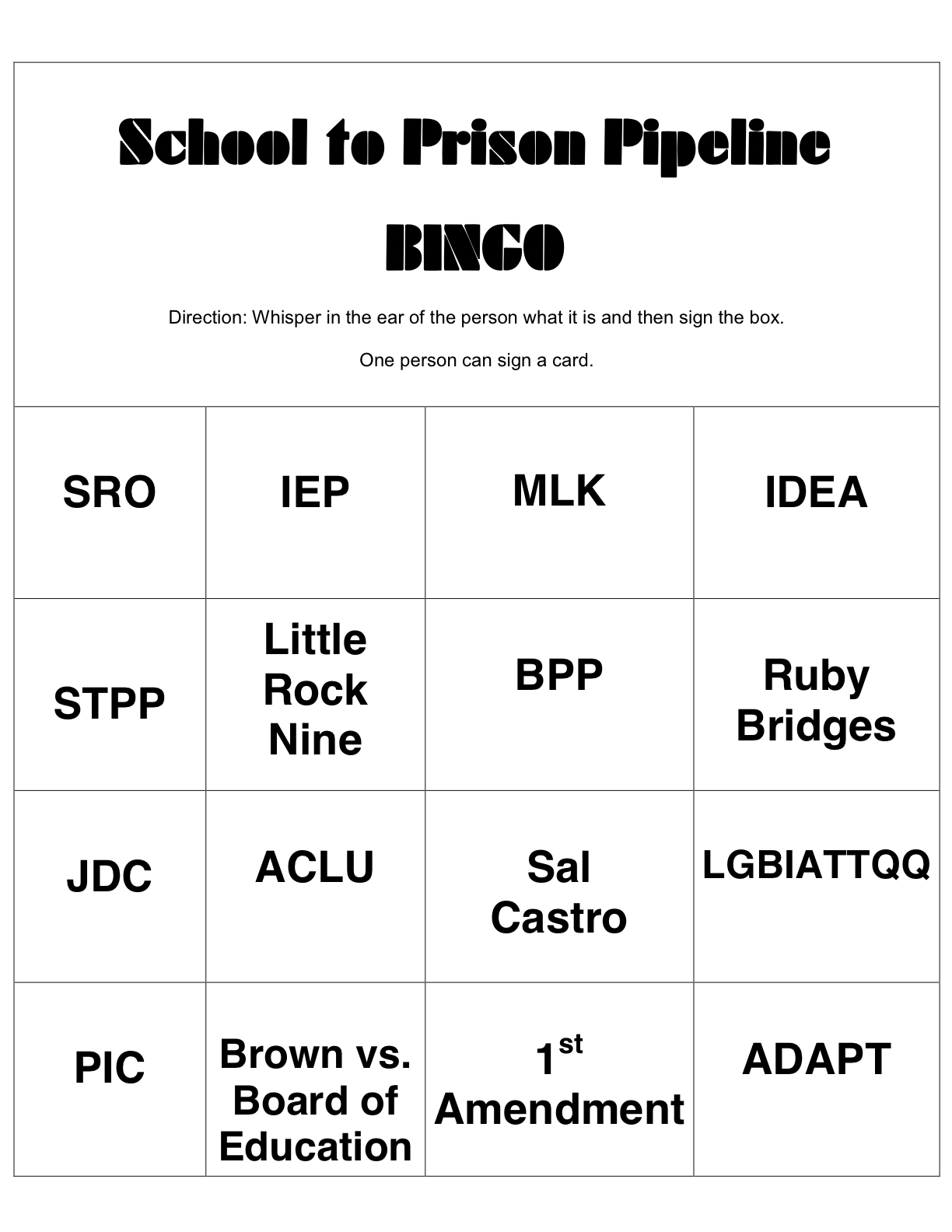 School to Prison Pipeline Bingo